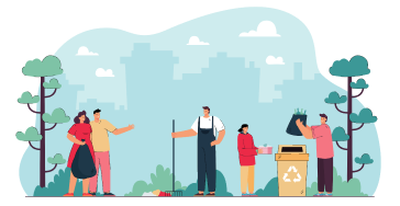Illustration de petits personnage nettoyant l'environnement et employant le recyclage, symbolisant le principe de l'économie circulaire.