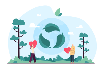 Illustration de petits personnage et de feuilles formant un pictogramme de recyclage, symbolisant le concept de l'économie circulaire.